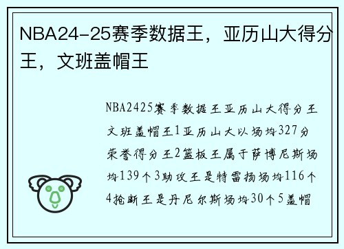 NBA24-25赛季数据王，亚历山大得分王，文班盖帽王