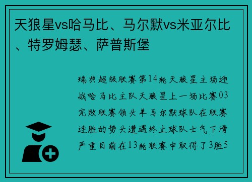 天狼星vs哈马比、马尔默vs米亚尔比、特罗姆瑟、萨普斯堡